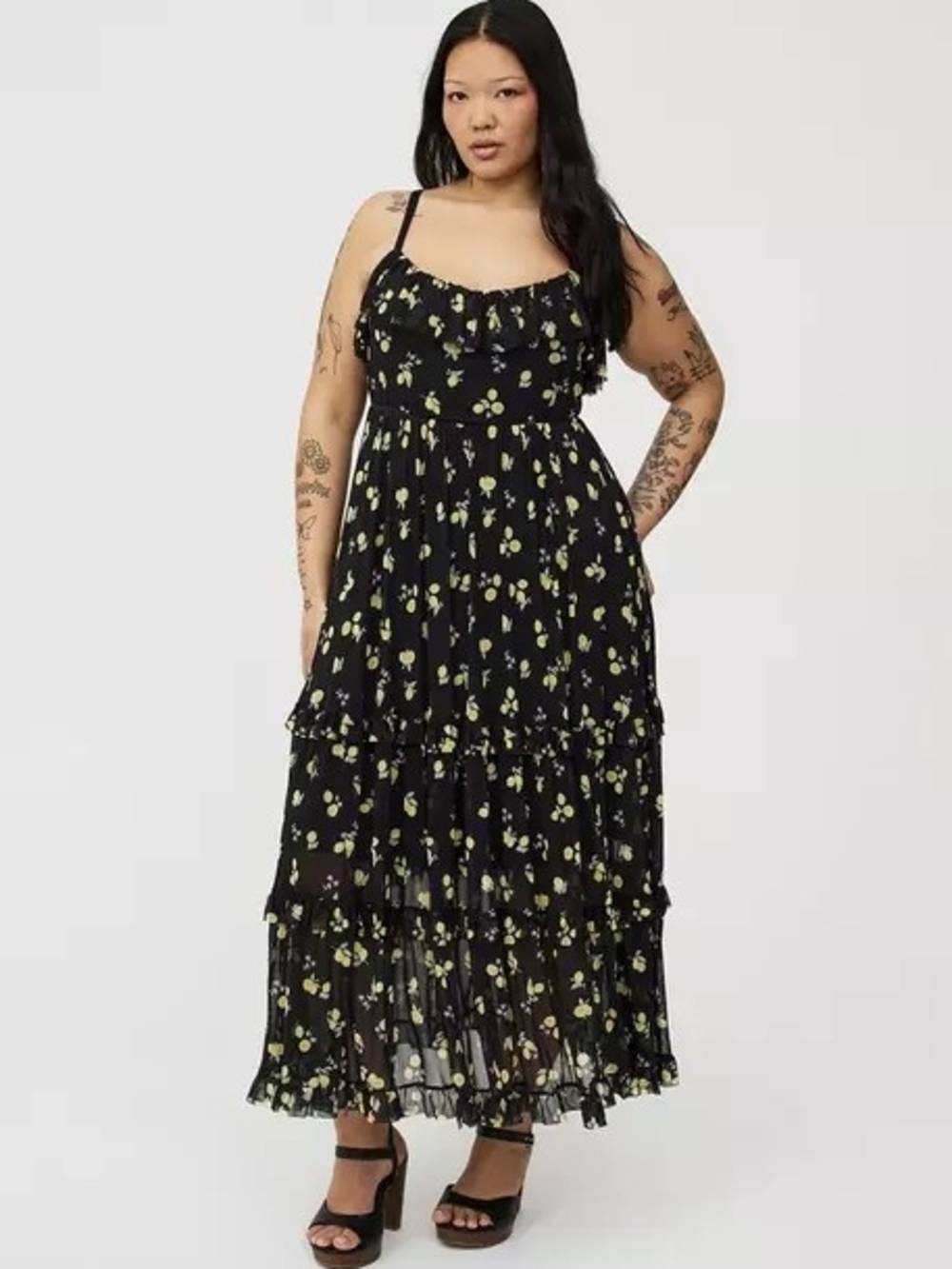 🍋Nwot Torrid 0x Mesh V-Neck Tiered Maxi Dress~Lotta lemons black - Women's🍋